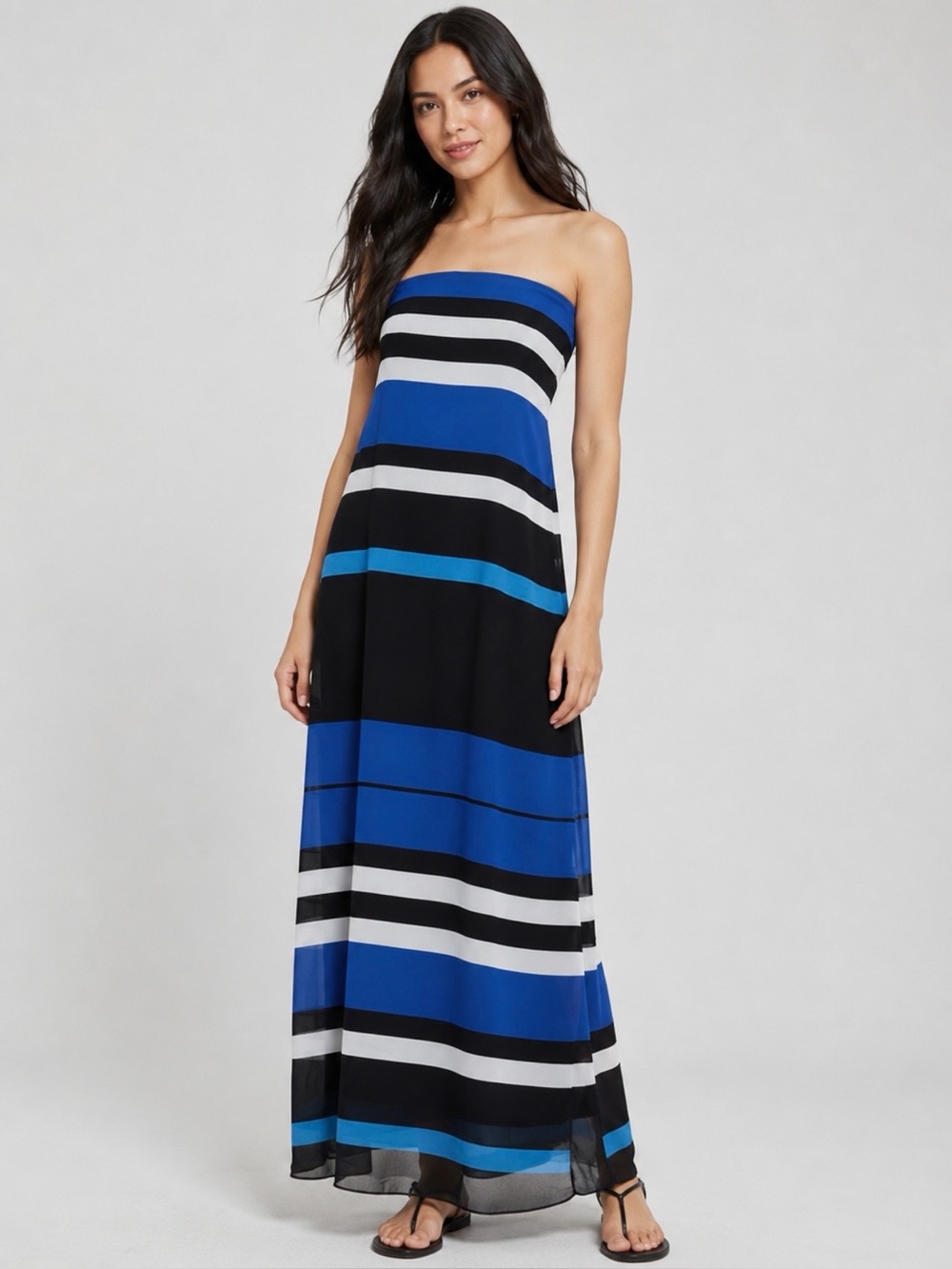 Cache Blue Black striped color block strapless maxi dress size 6